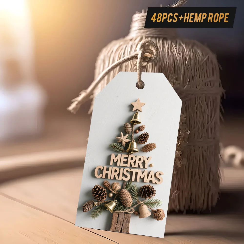 A white gift tag with a gold star and pinecone decorations is tied with hemp rope, set against a blurred background.