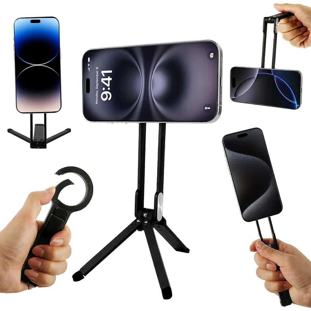 A magnetic phone tripod stand with a carabiner is shown in various configurations and being held by a hand.