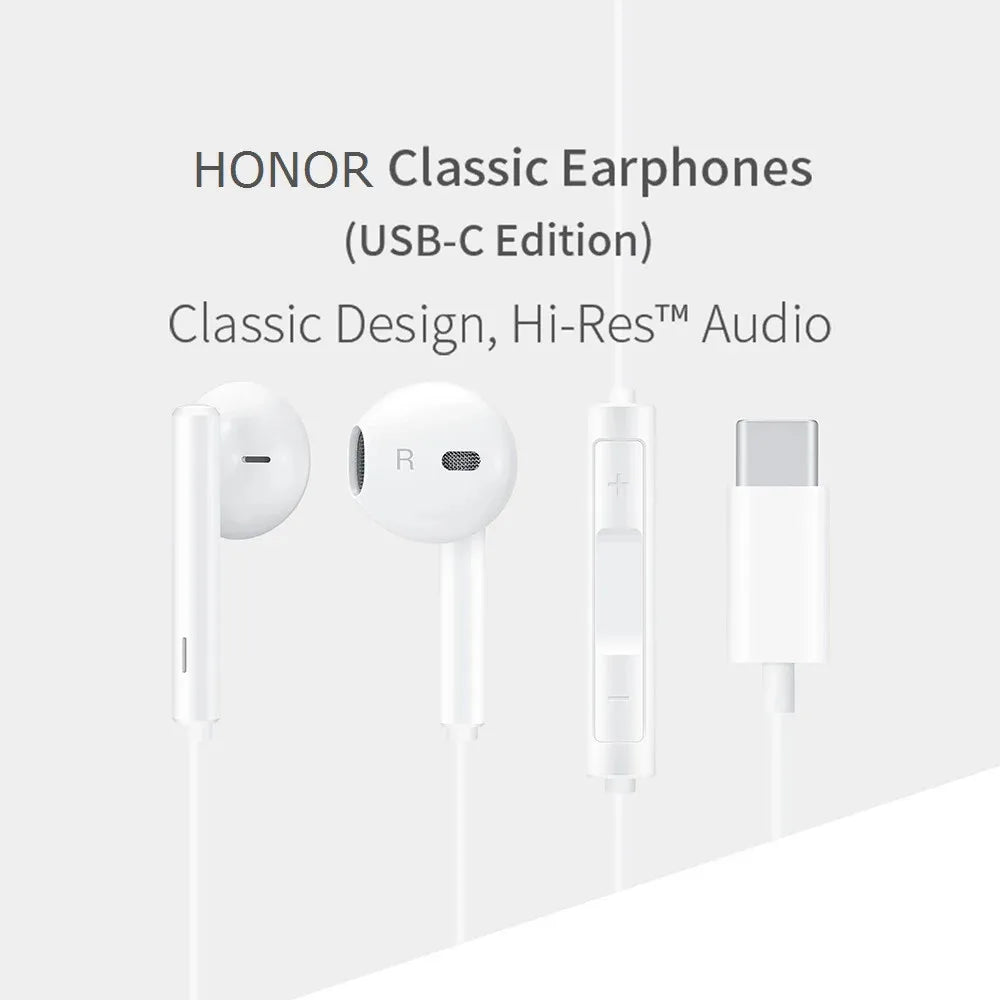 White HONOR Classic Earphones (USB-C Edition) shown with the main unit and charging cable.