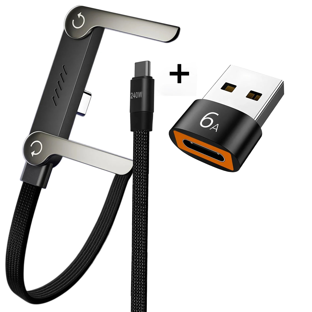 A black and silver 2-in-1 fast charging data cable with a folding stand and a USB-C connector.