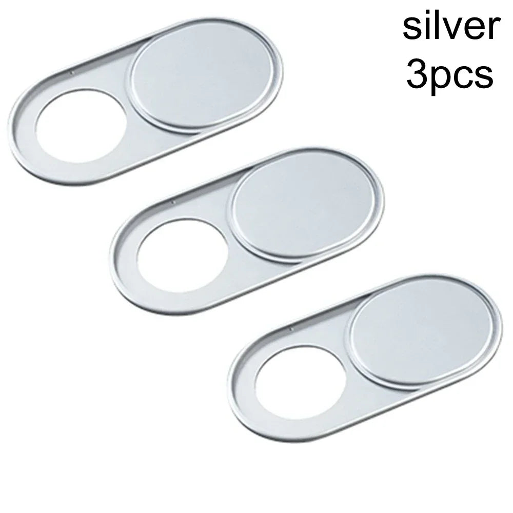 Three silver slim camera sliders for digital privacy