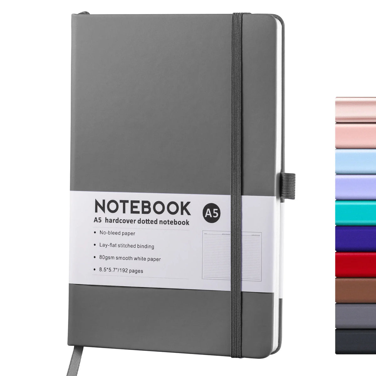 A gray hardcover dotted notebook with a black spine and a vertical stack of colored notebooks.