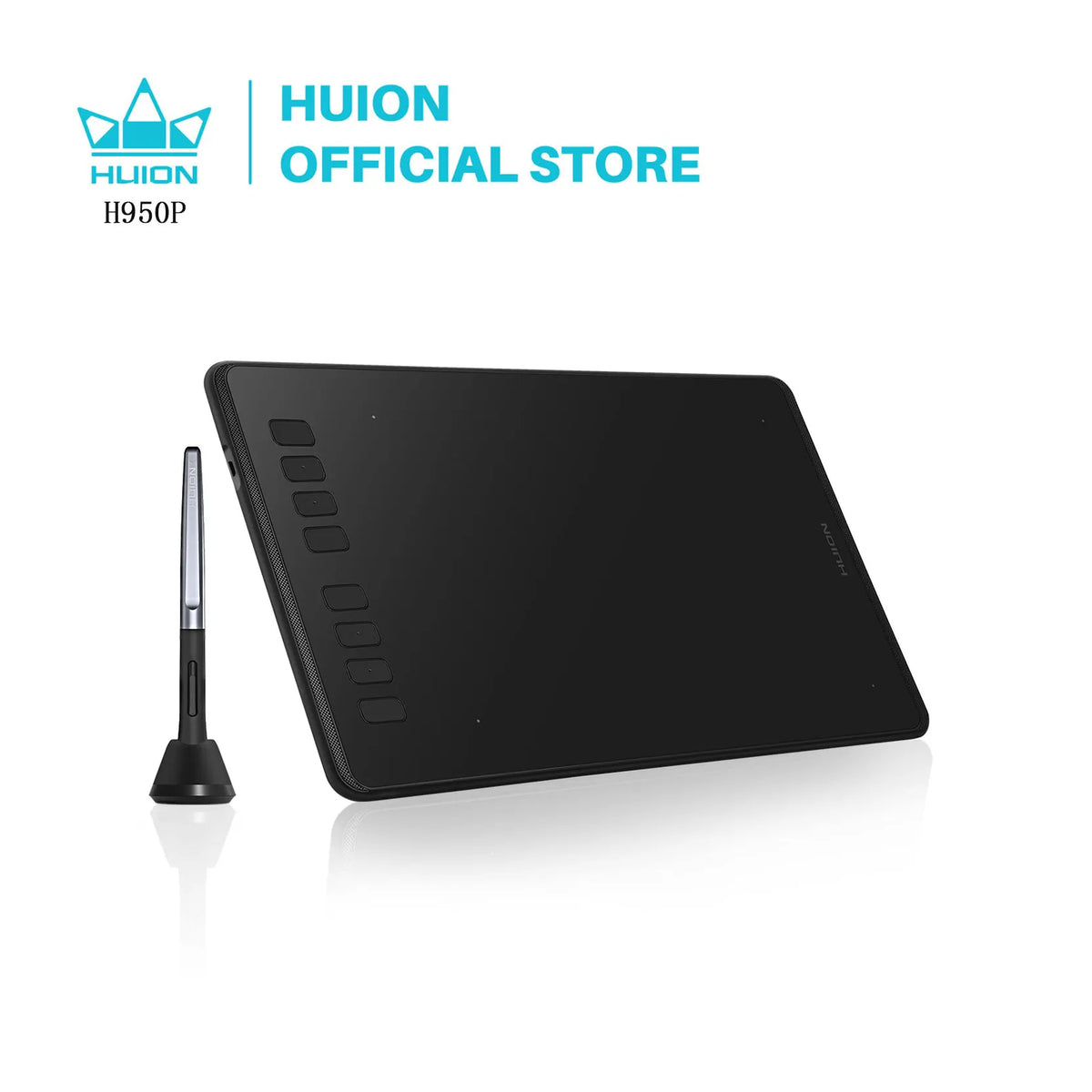 Tablette de dessin numérique Huion H950P noire avec son stylet.