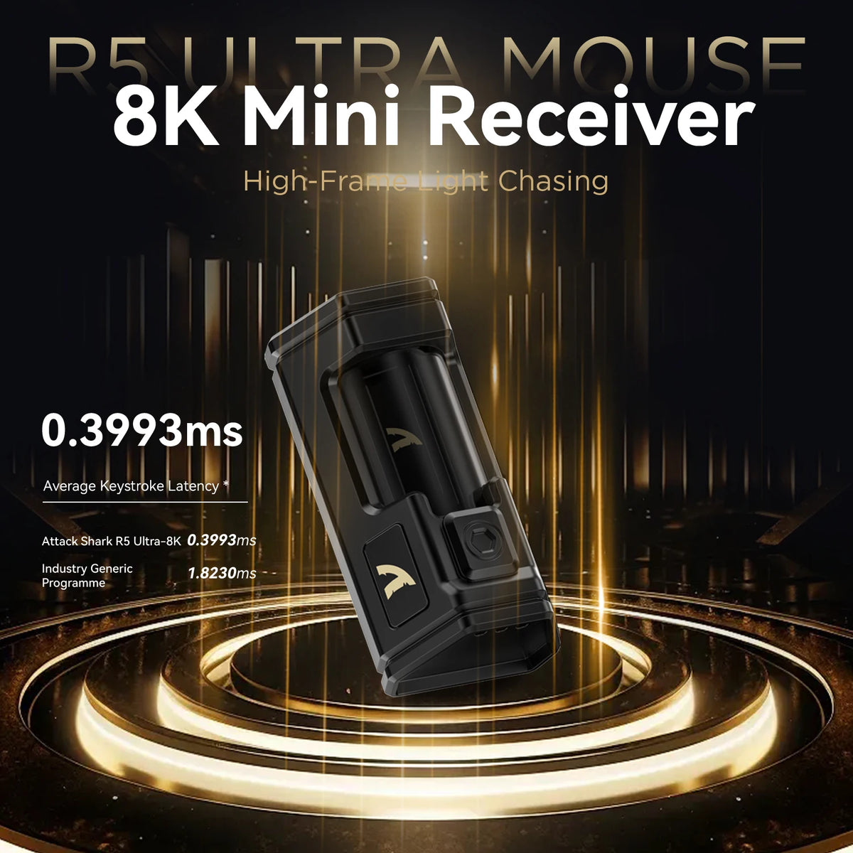Schwarze R5 Ultra 8K Mini-Empfängermaus vor dunklem Hintergrund mit leuchtenden Lichtspuren.