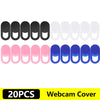 A set of 20 privacy lens protectors for webcams in various colors including black white and blue.