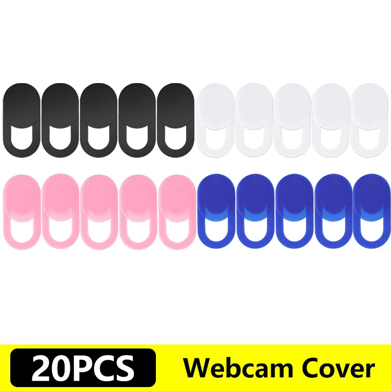 A set of 20 privacy lens protectors for webcams in various colors including black white and blue.