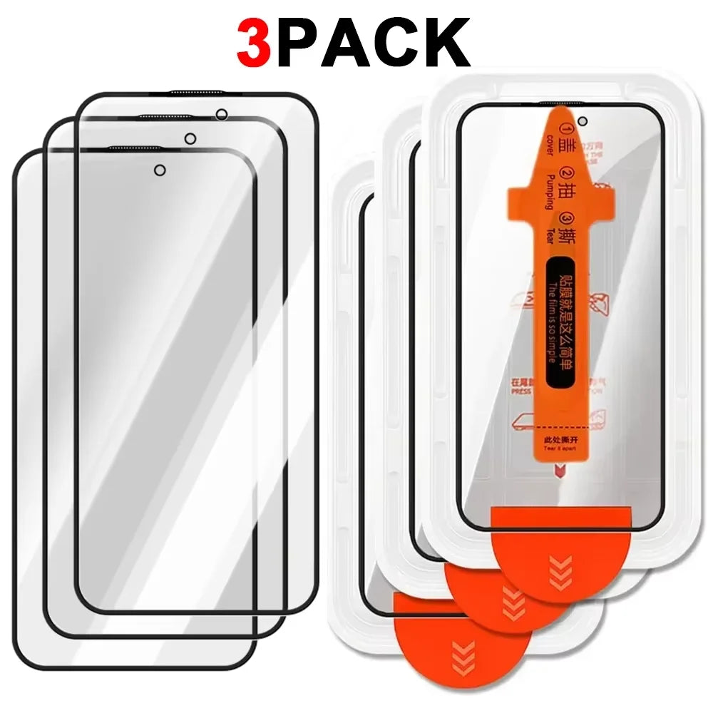A set of three tempered glass screen protectors for iPhone models, including an orange-colored protector shown in detail.