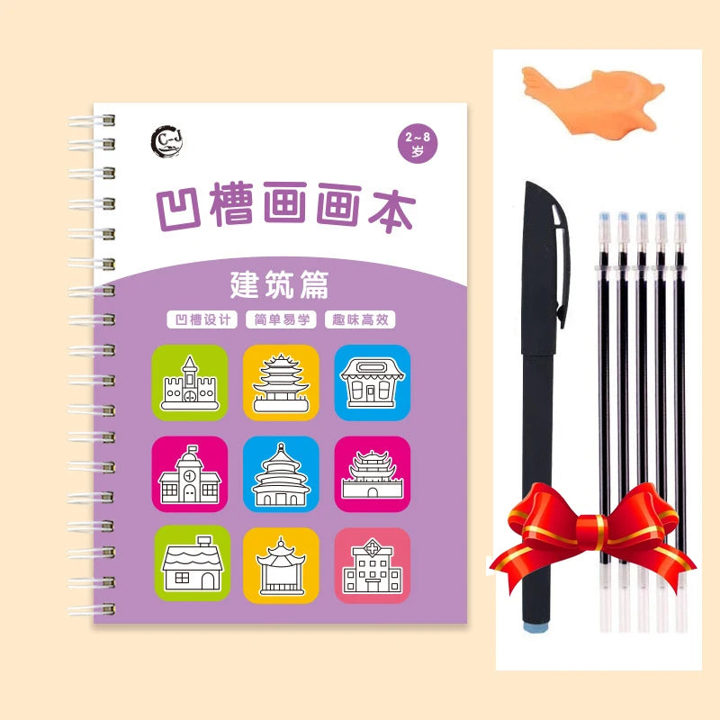 A spiral-bound notebook set for drawing practice featuring various architectural designs and a set of fine-tipped pens.