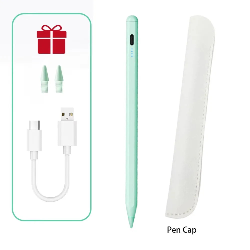 A light green precision stylus pen and its corresponding magnetic charging cable are shown.