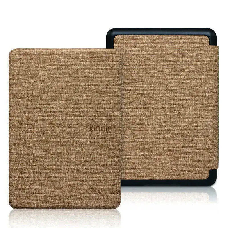 A brown magnetic protective case for a Kindle e-reader, shown from the side.