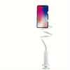 A smartphone is mounted on a flexible gooseneck clamp mount with a silver base.