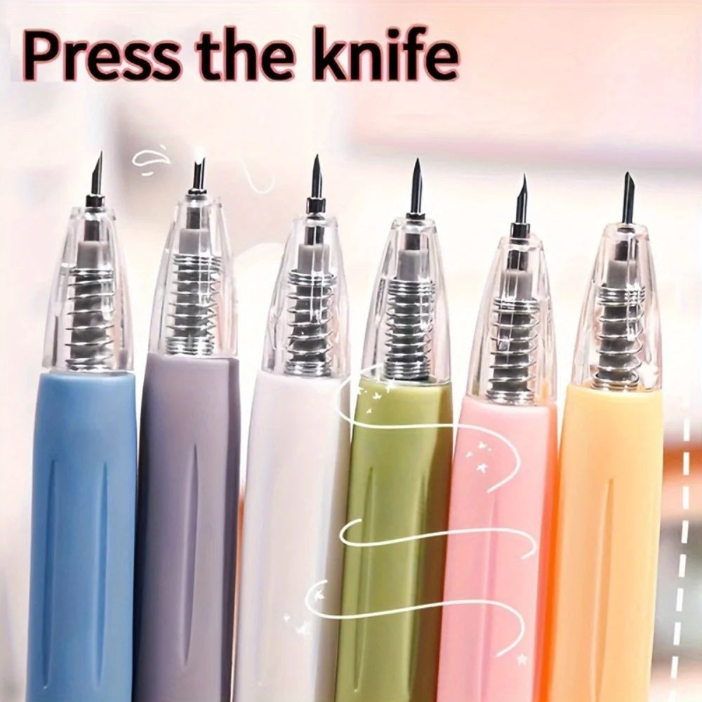 A set of colorful retractable craft knife pens with silver tips displayed against a light background.