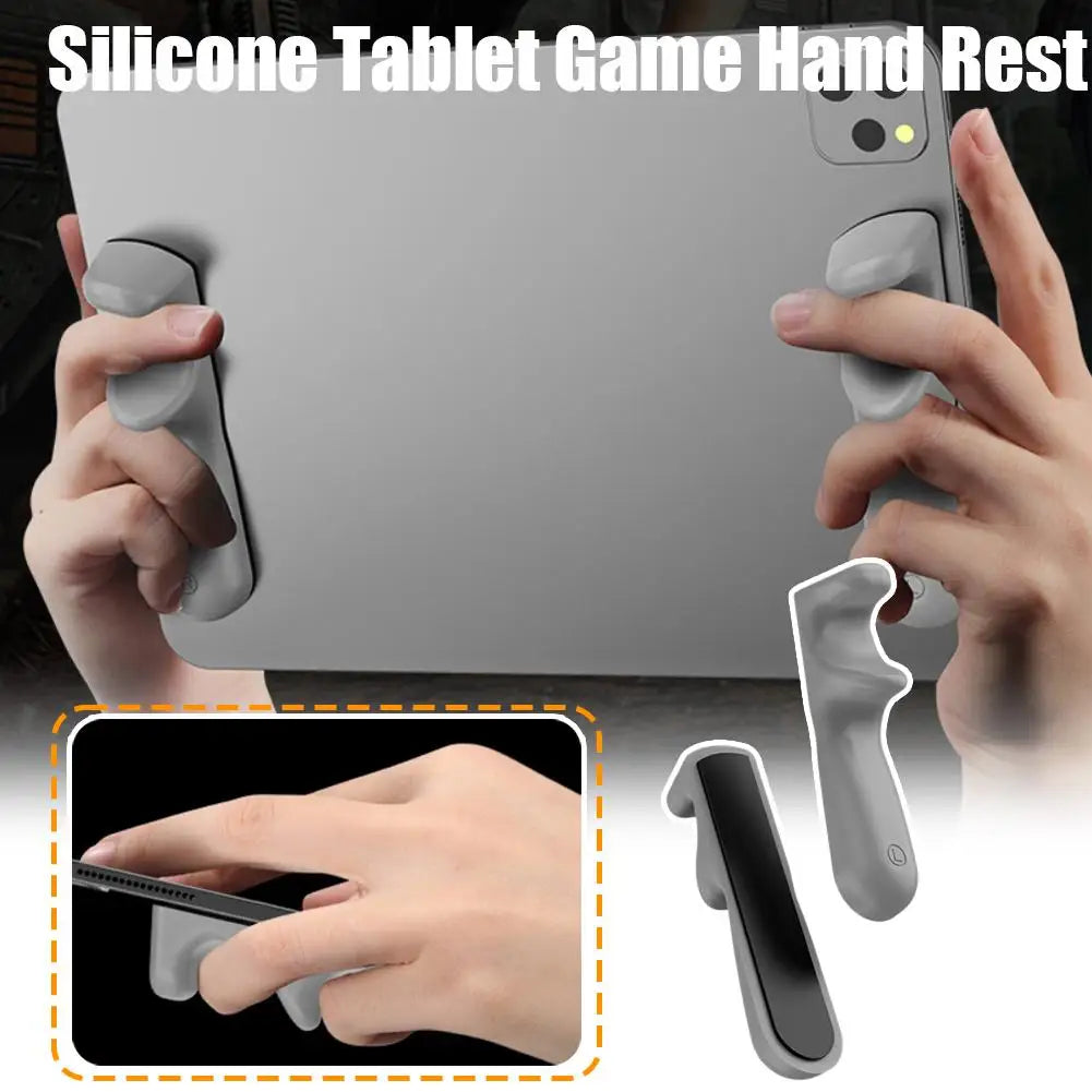 A hand holding a silicone tablet game hand rest and a separate silicone grip for gaming