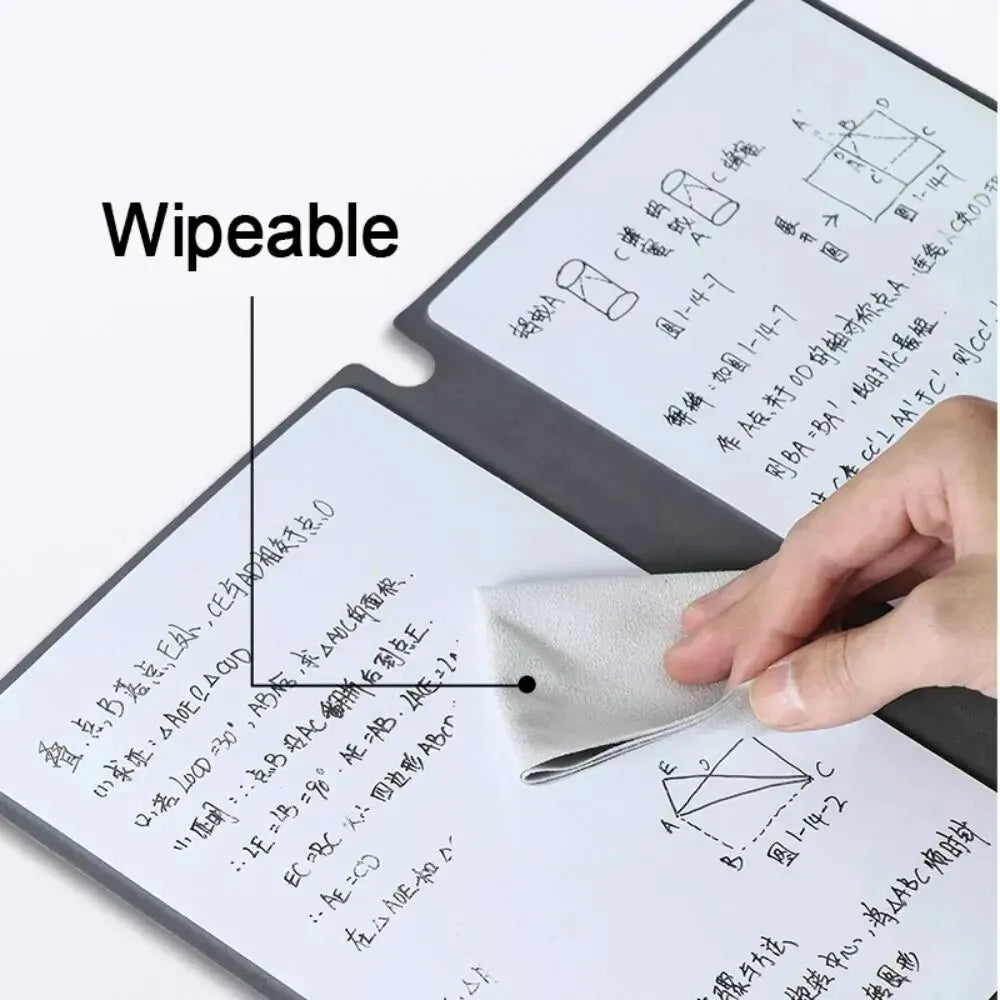 A hand wipes a diagram on a whiteboard using a wipeable cloth, demonstrating the product's function.