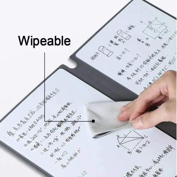 A hand wipes a diagram on a whiteboard using a wipeable cloth, demonstrating the product's function.