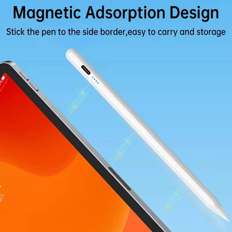 Un stylet capacitif blanc de précision à côté d'un écran de tablette orange, montrant une conception d'adsorption magnétique.