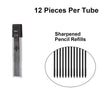 A tube of 12 sharpened pencil refills for a precision mechanical pencil set with 2.0mm lead.