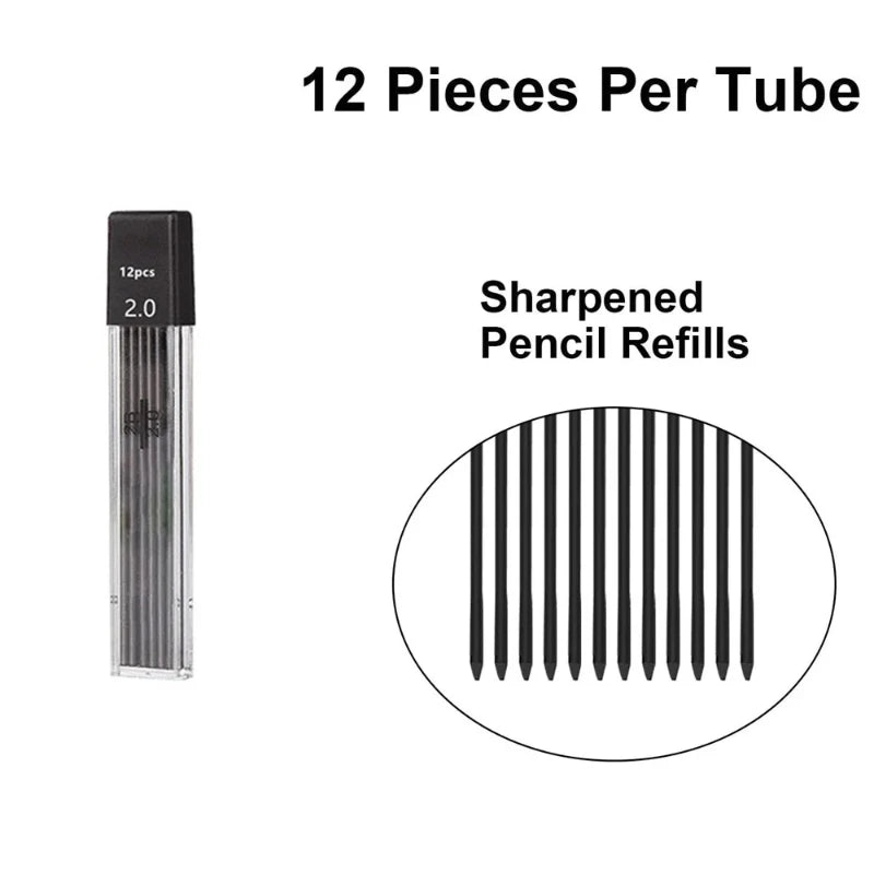 A tube of 12 sharpened pencil refills for a precision mechanical pencil set with 2.0mm lead.