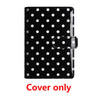 Black binder cover with white polka dots and a black elastic strap.