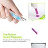 A hand is shown pushing a purple lancet device, illustrating one-button lancet rejection for blood sugar testing.