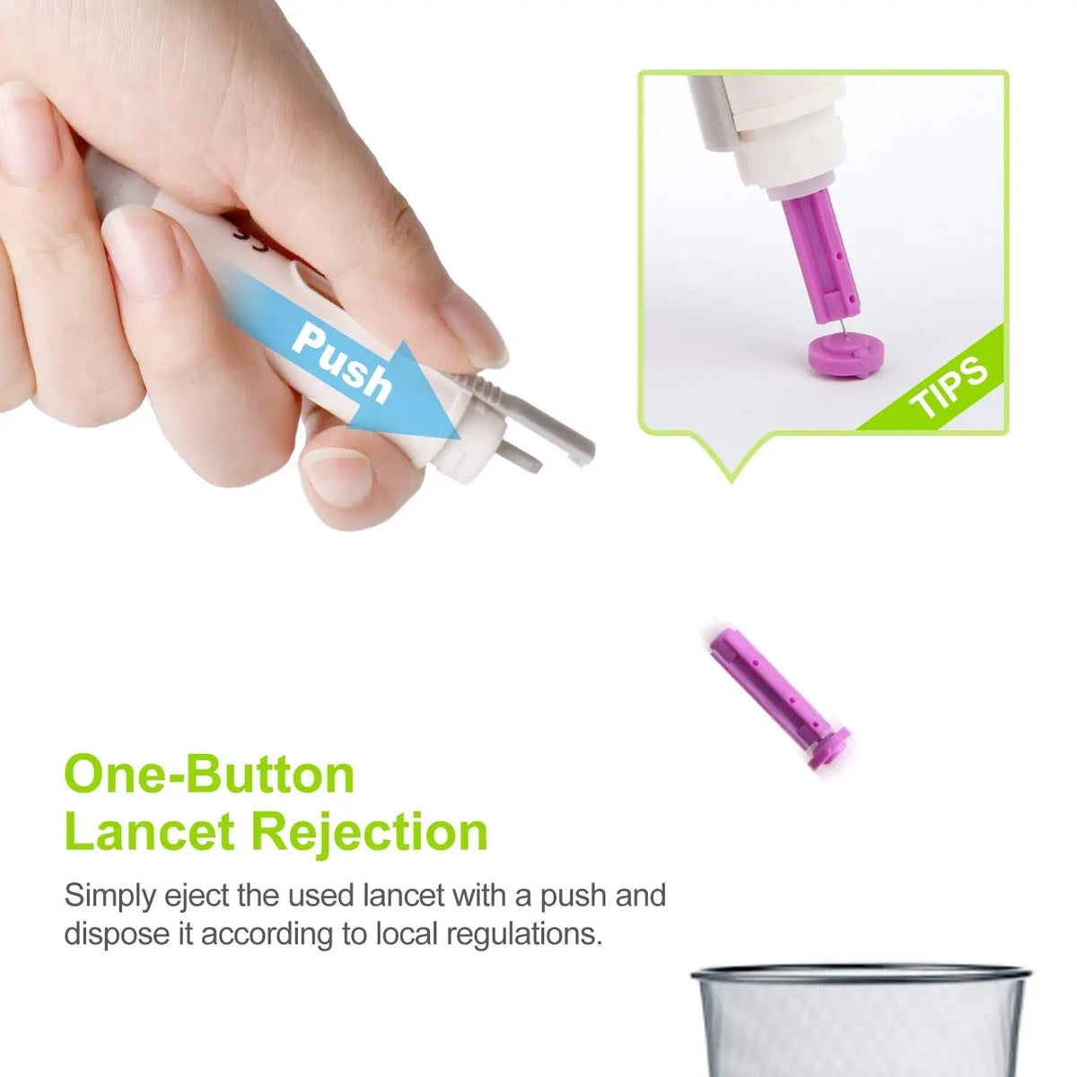 A hand is shown pushing a purple lancet device, illustrating one-button lancet rejection for blood sugar testing.