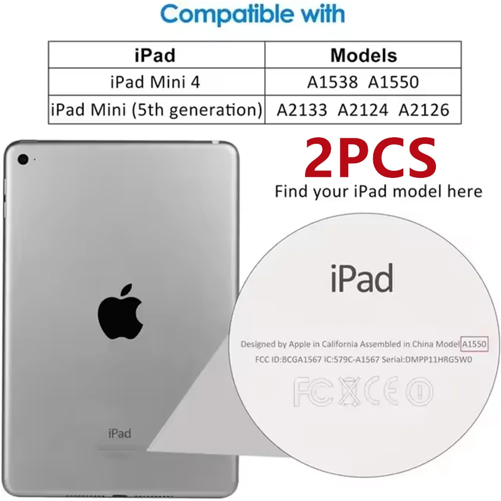 A close-up view of a silver iPad with a transparent overlay showing compatibility models and packaging details.