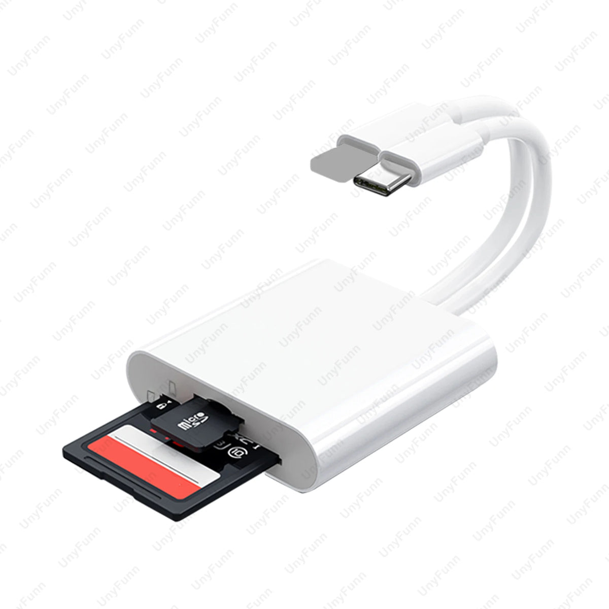 A white USB-C SD card reader with a flexible cable and a flat connector for reading memory cards.