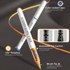 A set of white acrylic paint markers showing features like 720 degree rotation and automatic ink control.