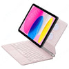 A pink backlit magic keyboard case for an iPad is shown open on a white background.