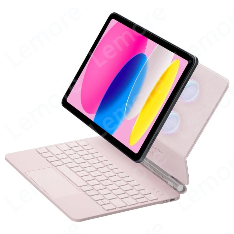 A pink backlit magic keyboard case for an iPad is shown open on a white background.