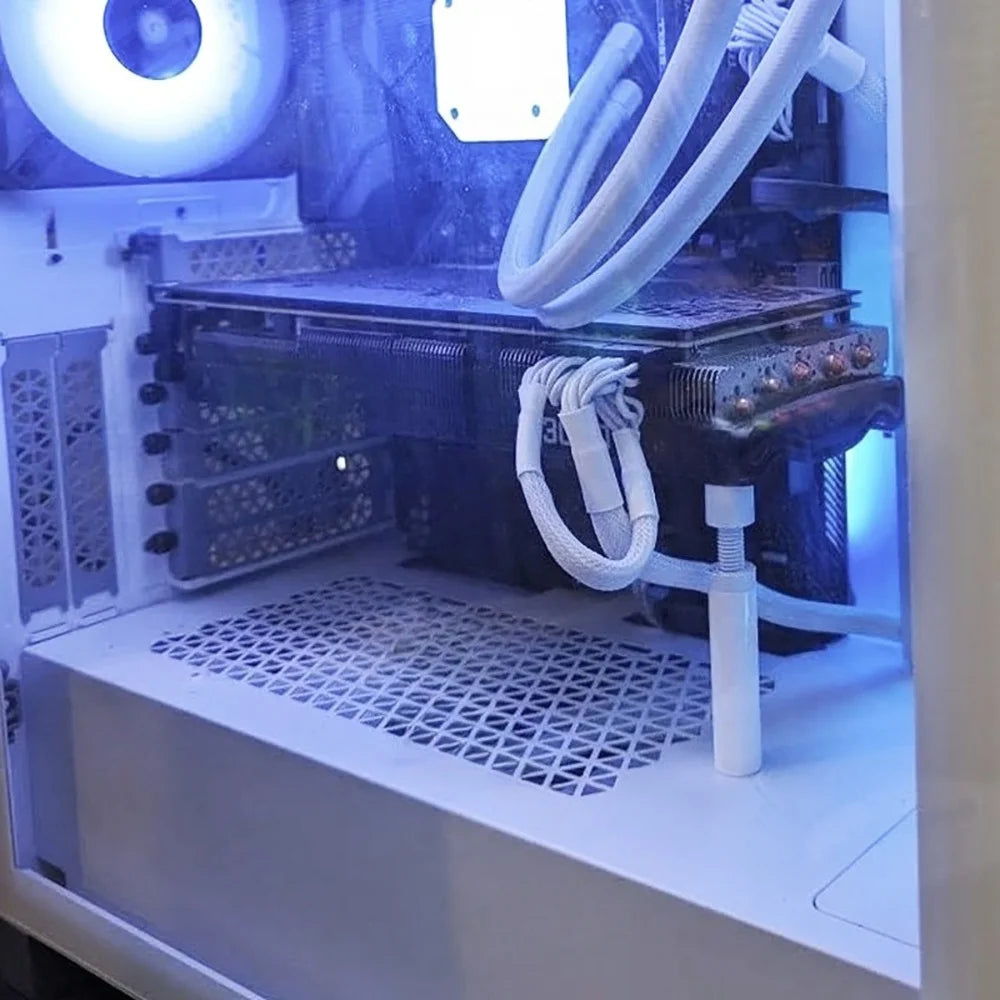 An adjustable magnetic GPU support bracket with aluminum construction is displayed inside a case under blue lighting.