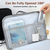 A gray laptop sleeve is shown open to reveal an accessories partition and a tablet inside.
