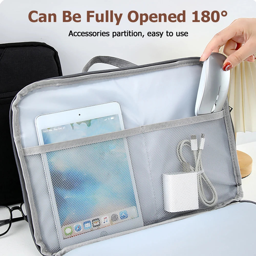 A gray laptop sleeve is shown open to reveal an accessories partition and a tablet inside.