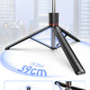 A black tripod stand for a selfie stick, showing its design and components like the keel support bracket and silicone mat.