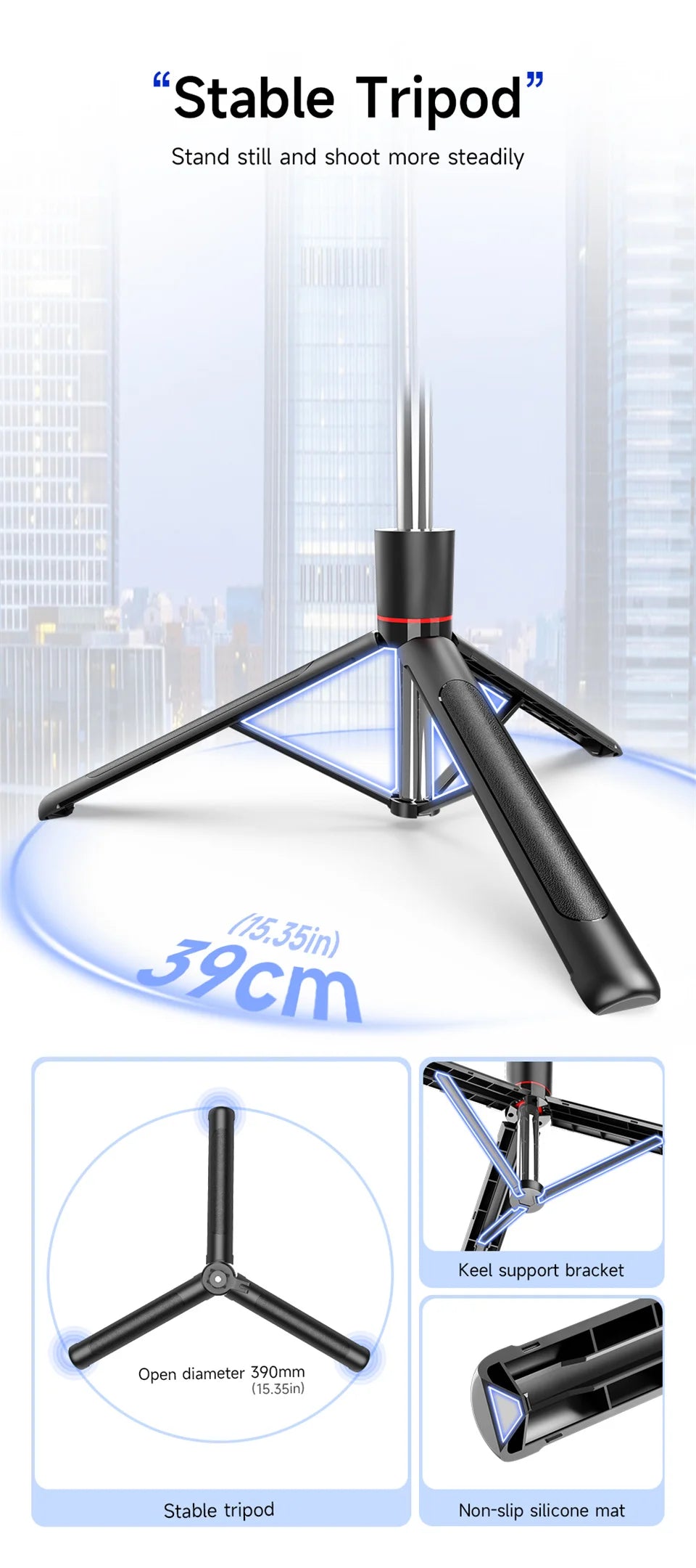 A black tripod stand for a selfie stick, showing its design and components like the keel support bracket and silicone mat.