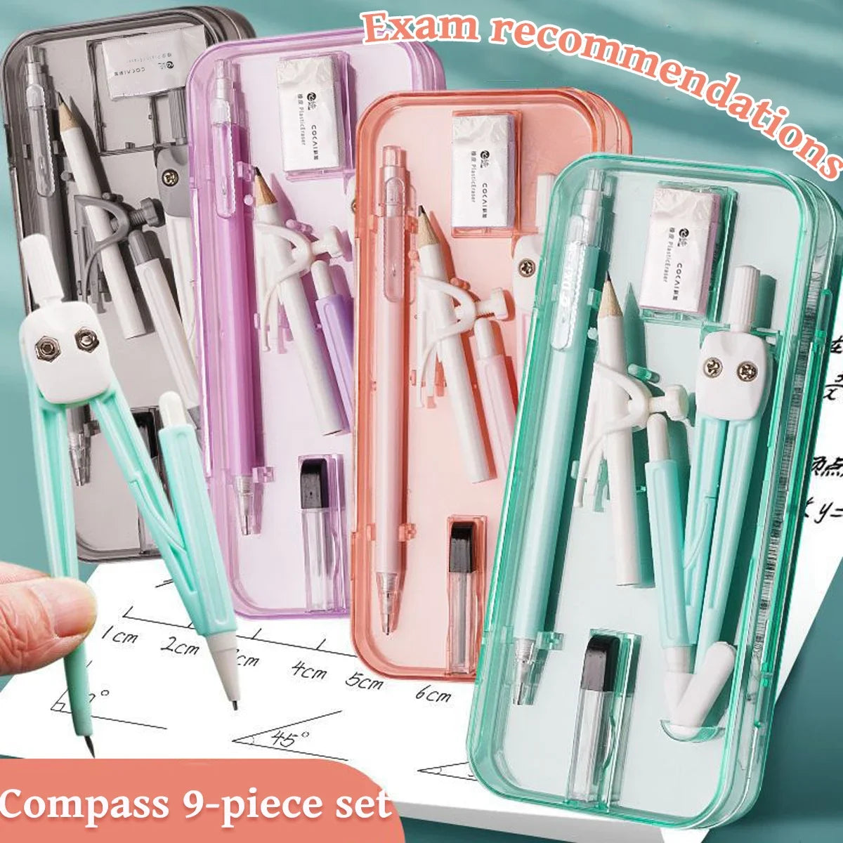 A set of nine drawing and compass tools in various colors stored in a clear plastic case.