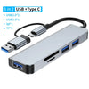 A silver USB-C multiport hub featuring USB 2.0, 3.0, SD card reader, and TF card reader connections.