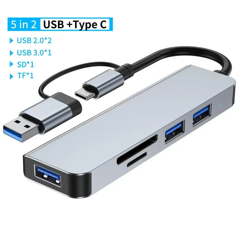 A silver USB-C multiport hub featuring USB 2.0, 3.0, SD card reader, and TF card reader connections.