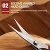 A pair of stainless steel embroidery scissors is shown cutting into a piece of wood.