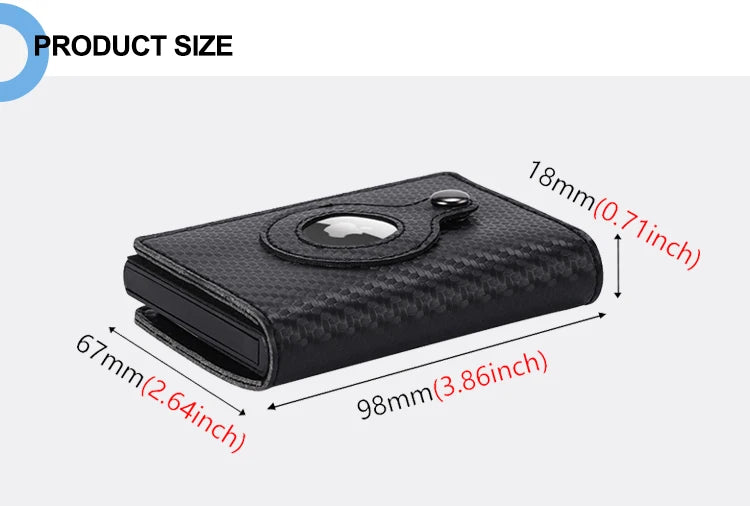 A black slim leather wallet with a card pop-up feature shown from the top view.