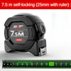 A black self-locking fluorescent steel tape measure with a ruler displayed below it.