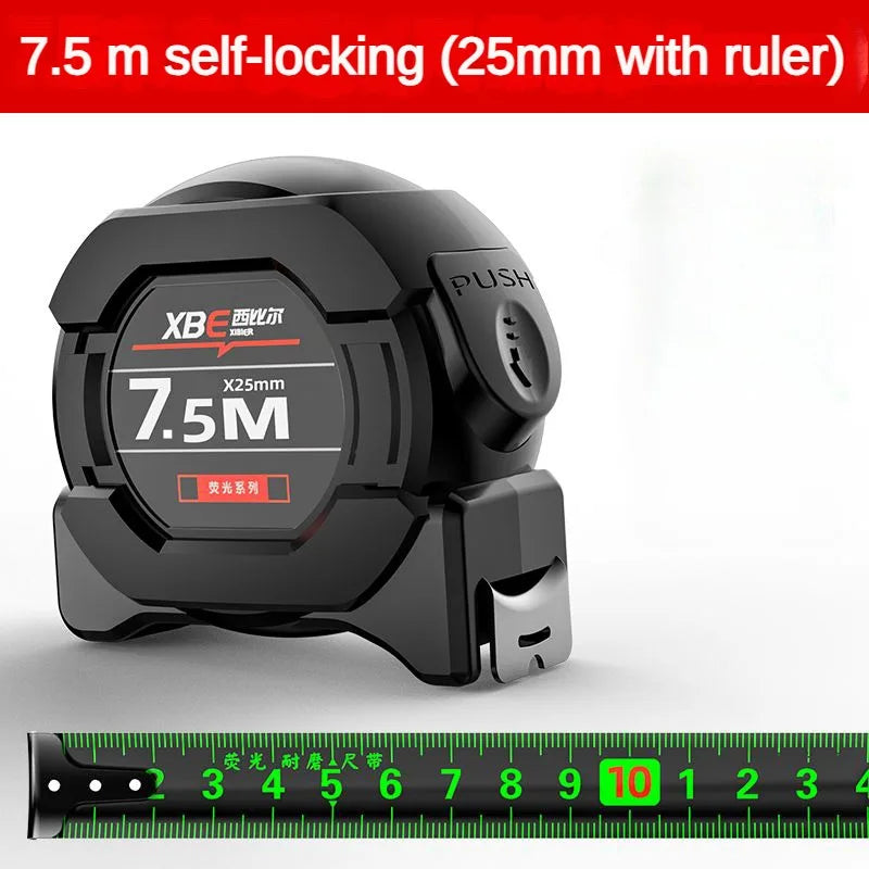 A black self-locking fluorescent steel tape measure with a ruler displayed below it.