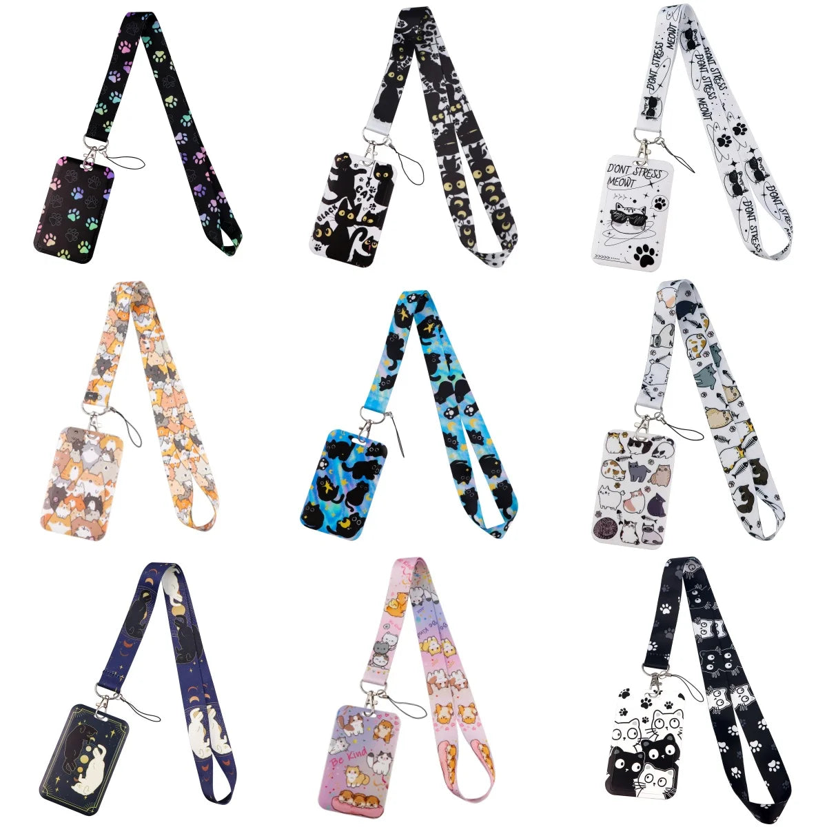 Various patterned card holders on black and white lanyards with neck straps