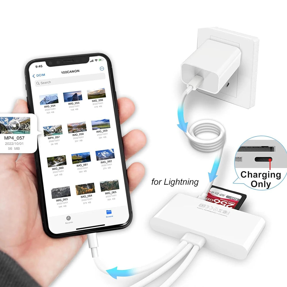 Una mano sostiene un smartphone mostrando imágenes y un adaptador blanco conectado a un lector de tarjeta SD para cargar.
