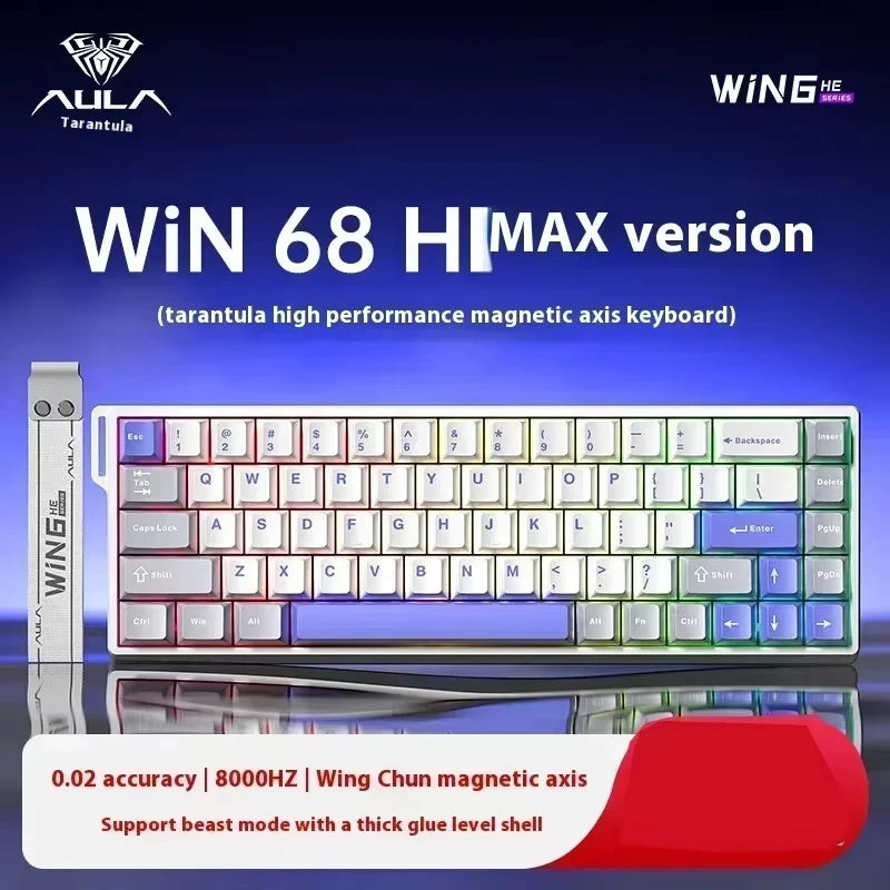 A close-up view of a WIN 68 HiMAX version magnetic axis keyboard with a thick glue level shell.