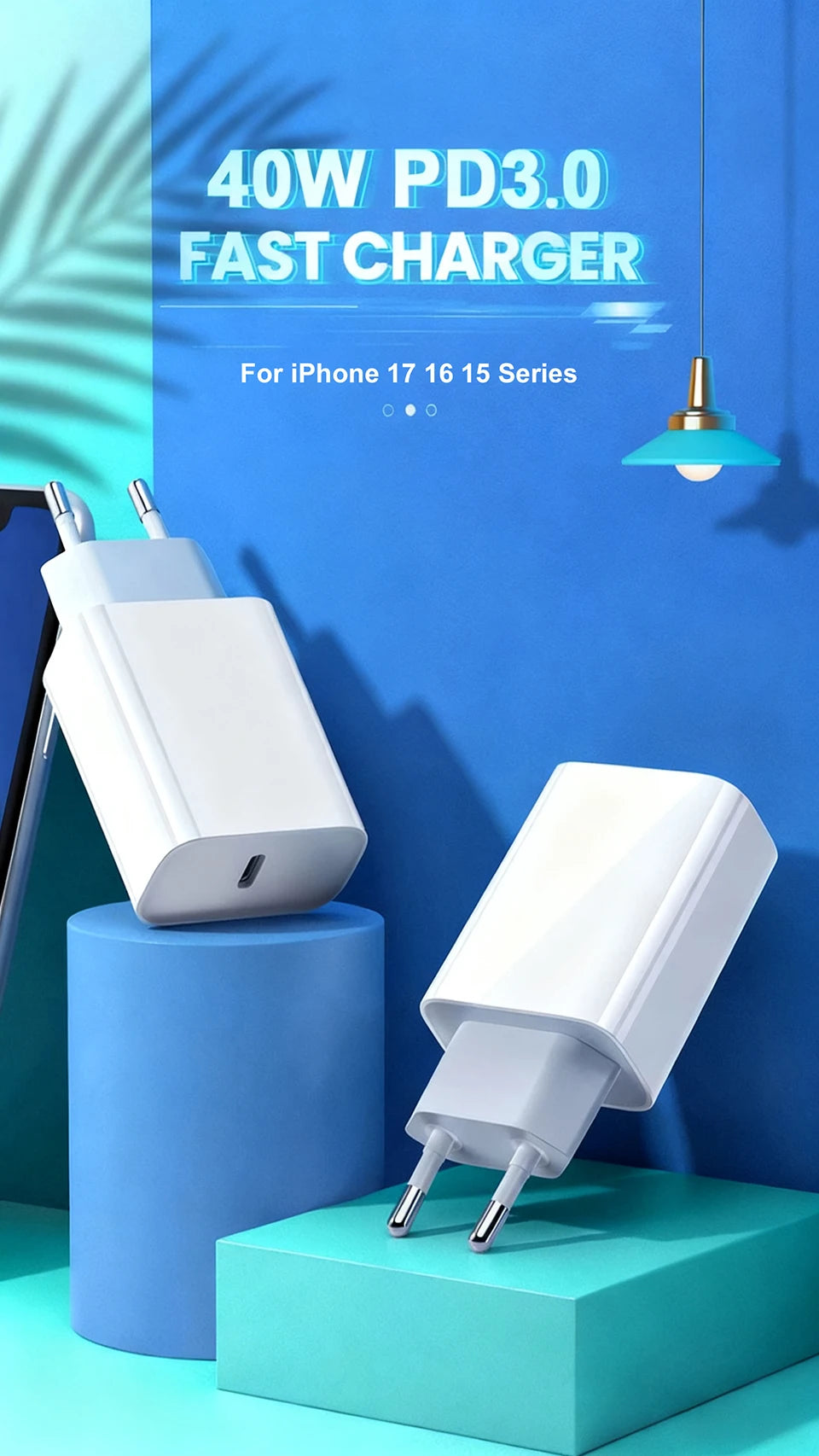 A white 40W PD3.0 fast charger block and cable displayed on a blue background.