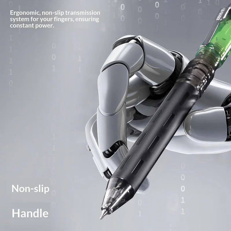 Close-up of a white anti-slip gel pen with a green tip being held by fingers.
