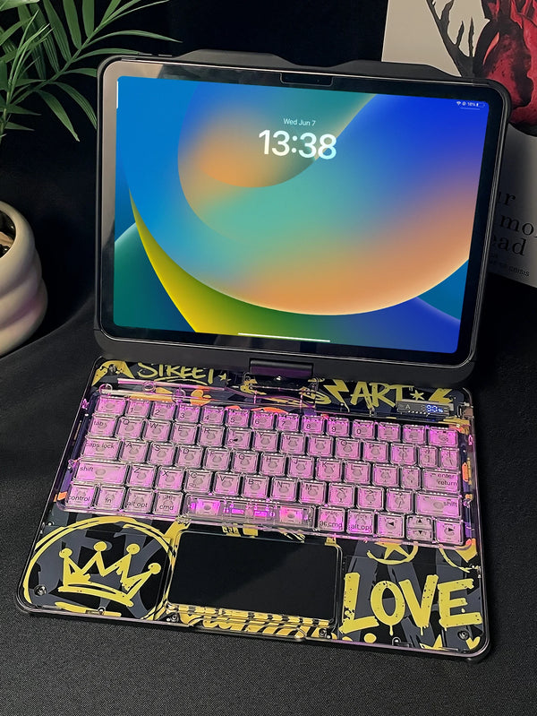 A purple keyboard case with an RGB backlit trackpad is shown next to an iPad displaying a time.