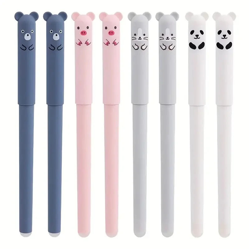 A set of five panda-themed erasable gel pens in various colors including blue, pink, and white.