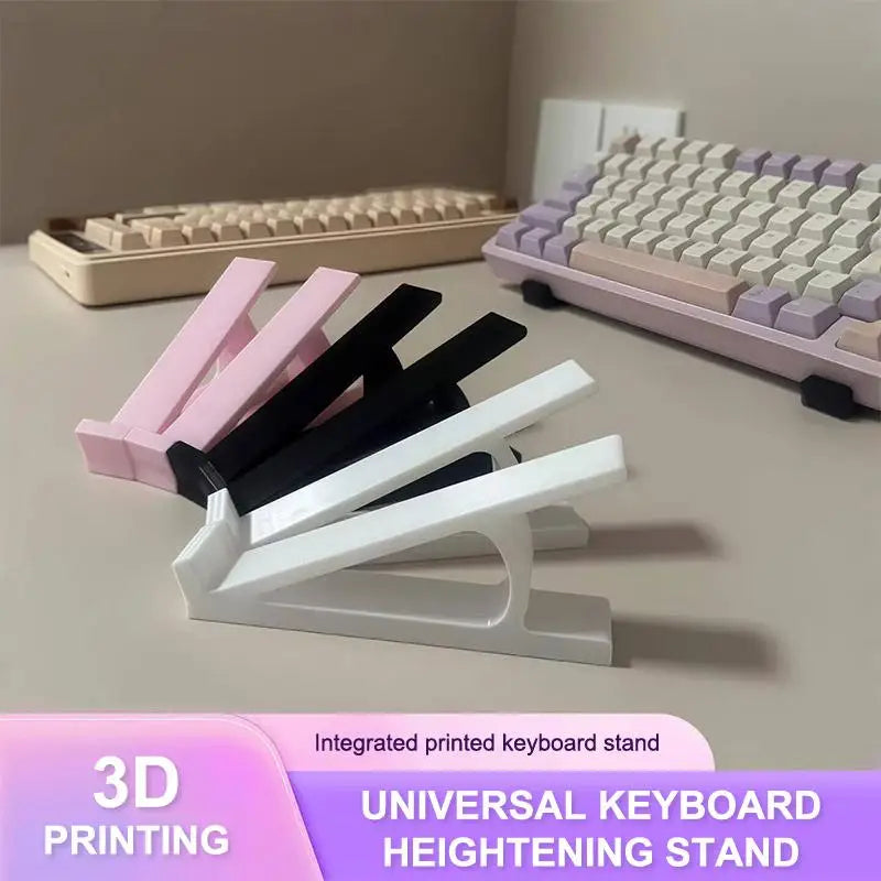 A set of pink, black, and white integrated printed 3D printed keyboard stands for height adjustment.